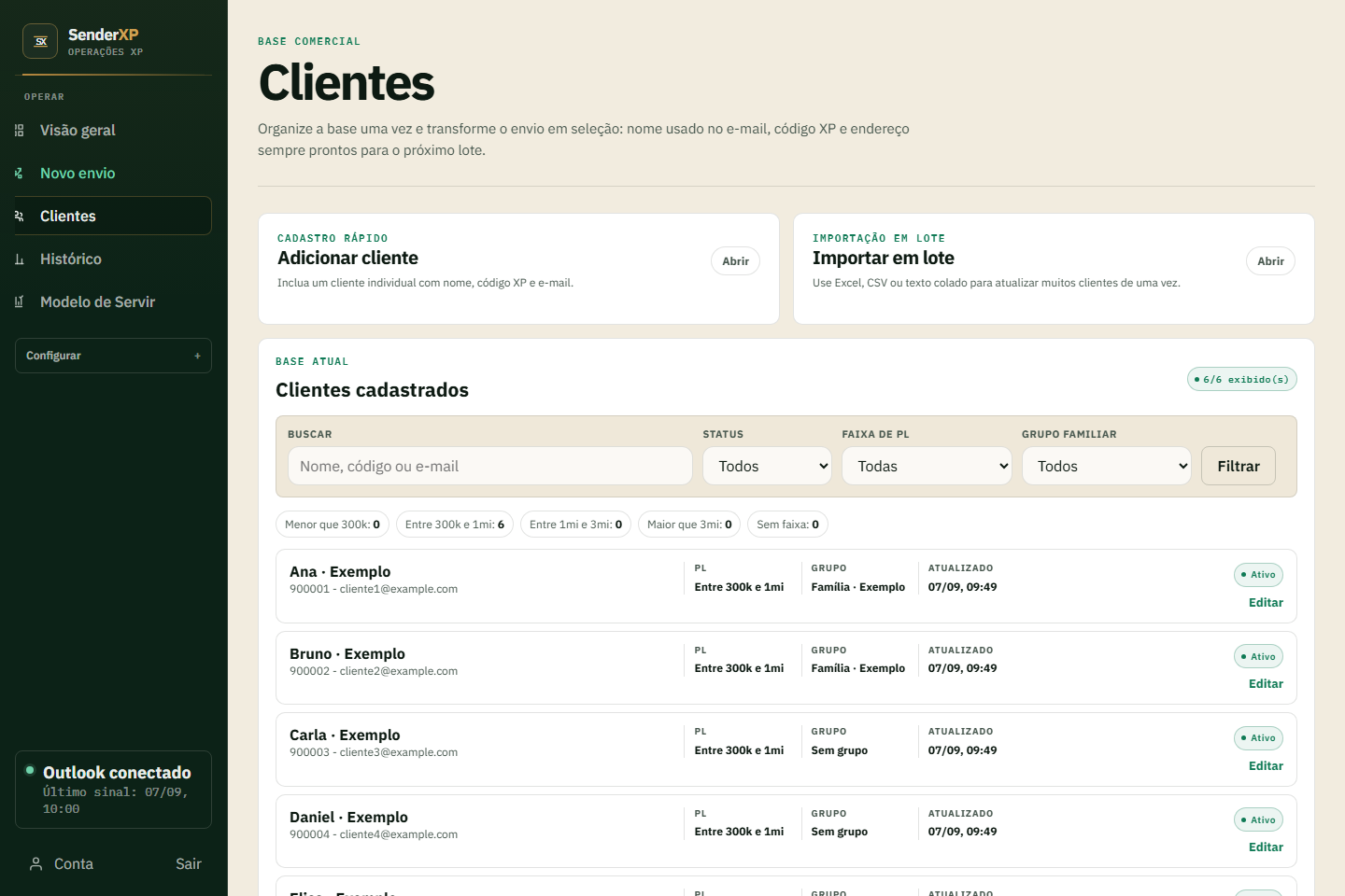 Tela real de Clientes com busca, filtros de patrimônio e grupo familiar e contatos fictícios identificados como exemplo.