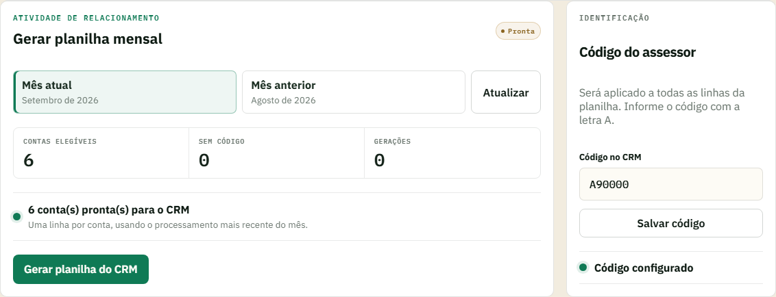 Recorte real da tela Modelo de Servir: seleção do mês, contas elegíveis, botão de gerar planilha e código do assessor. Dados demonstrativos.