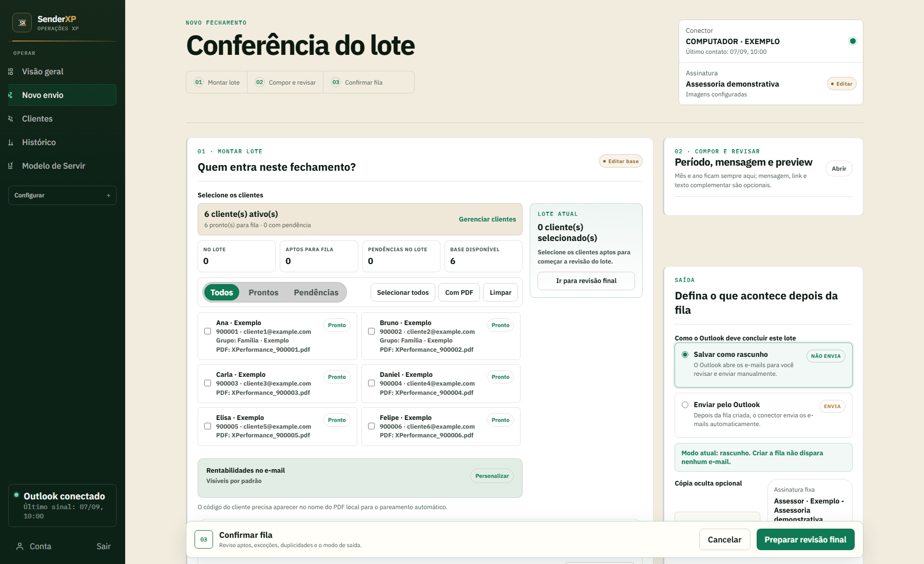 Tela atual de conferência do lote, com clientes fictícios pareados e a escolha explícita entre salvar rascunhos e enviar pelo Outlook.
